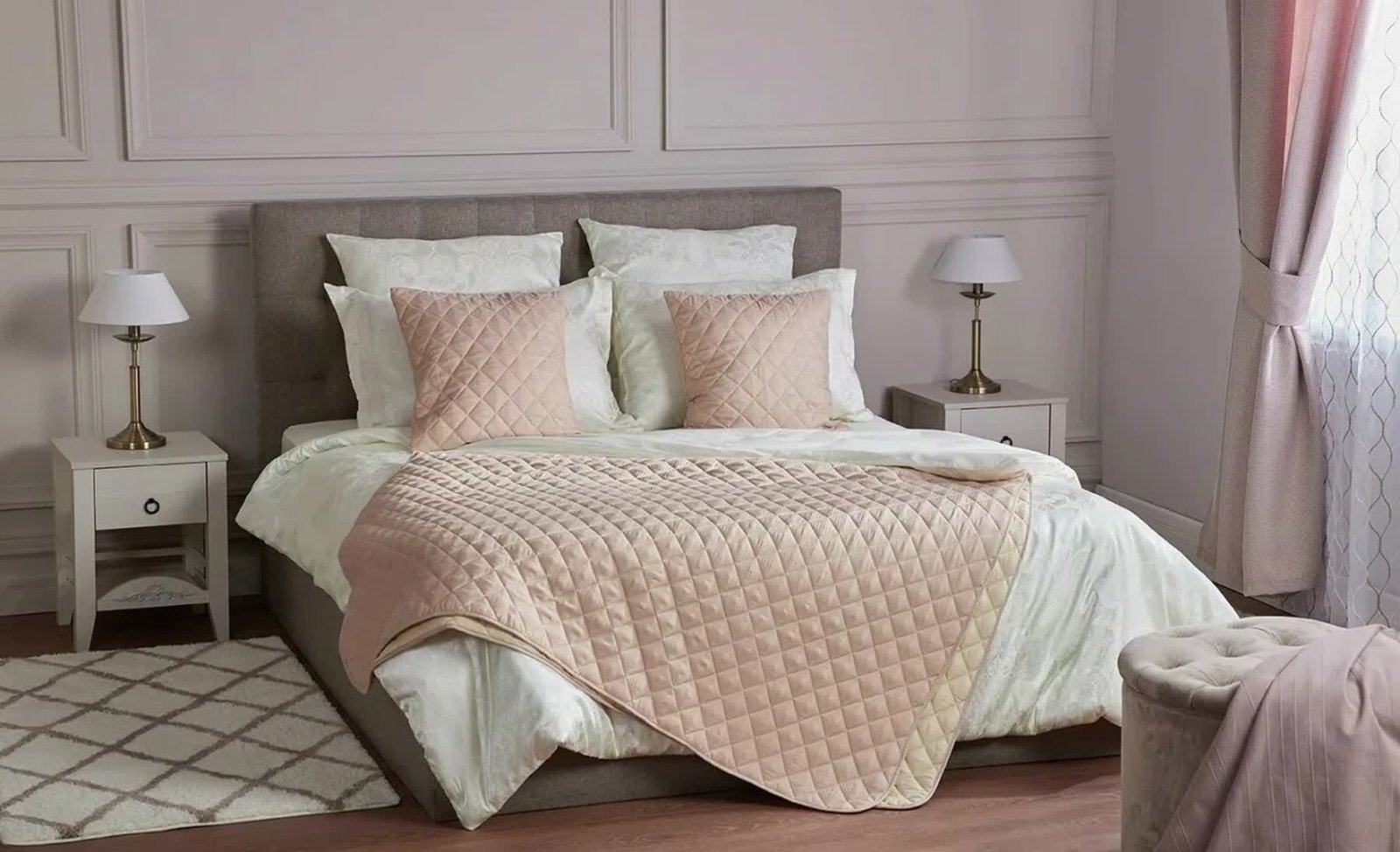Premium bedroom interior with coordinated curtains and soft furnishings